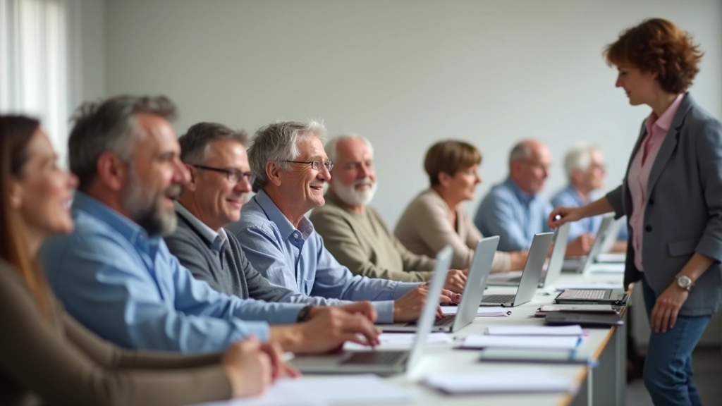 Happy mature learners succeeding with digital skills training