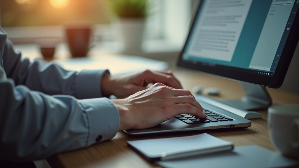 Close-up of hands typing on keyboard with document open on screen in background