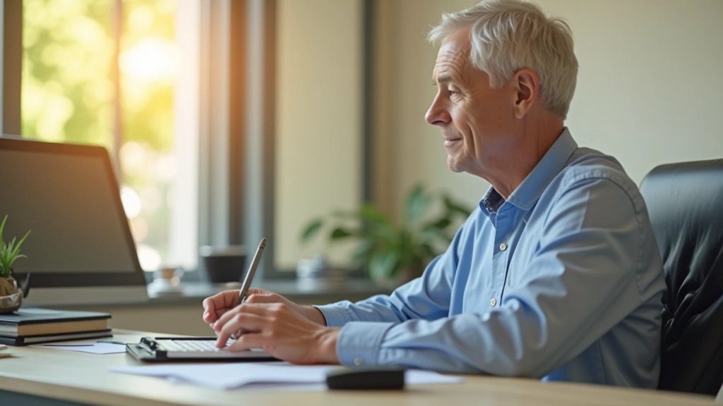 Person at desk working with spreadsheet, calculator visible, morning light