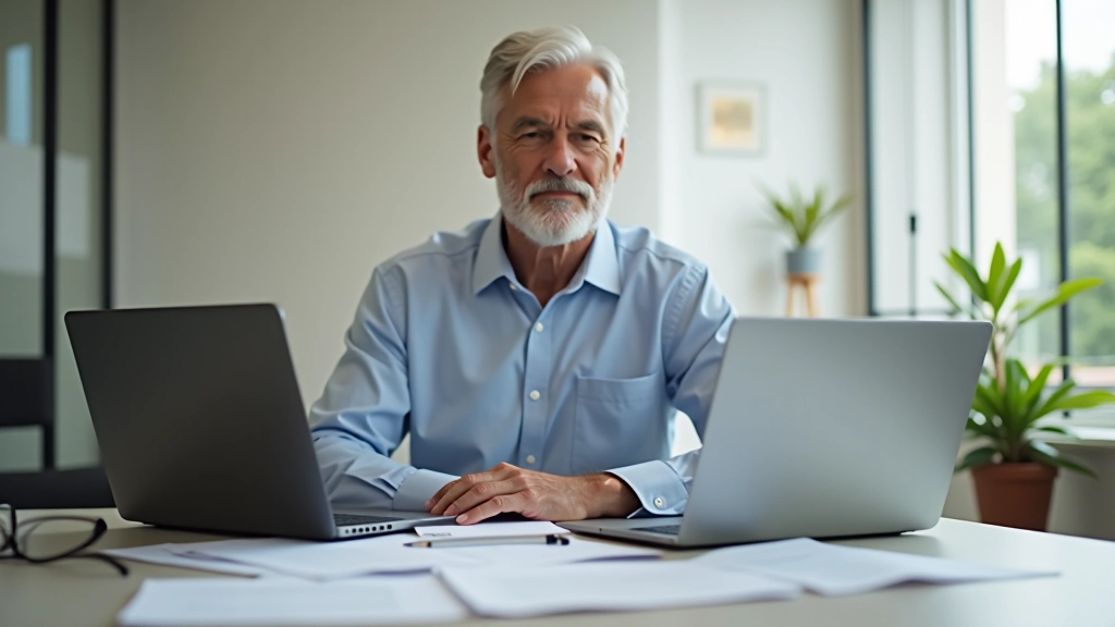 Person at desk with printed document beside laptop, reviewing content on screen with reading glasses