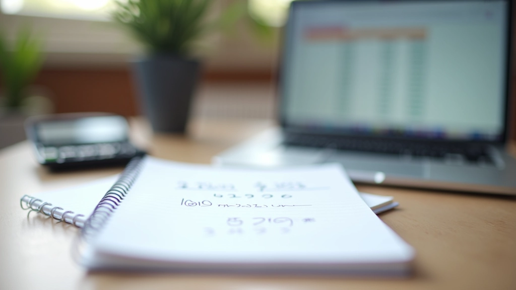Notebook with financial calculations and calculator next to a laptop showing spreadsheet with numbers